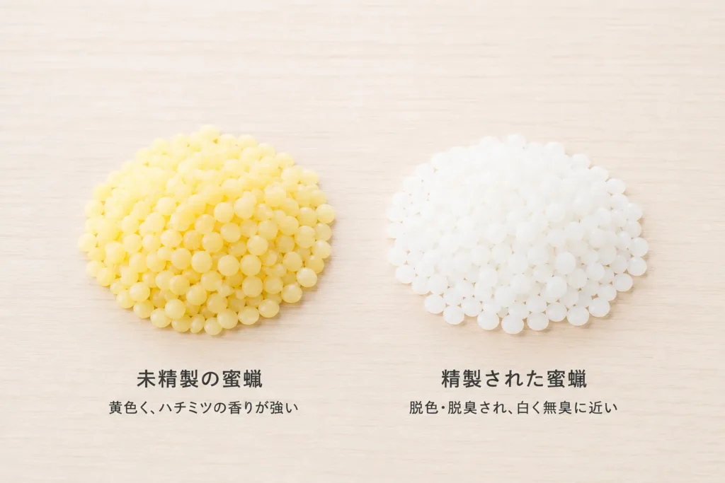 黄色くハチミツの香りが強い「未精製の蜜蝋」と、脱色・脱臭された白い「精製された蜜蝋」