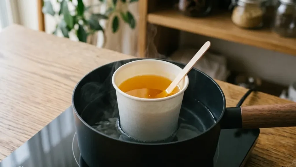 蜜蝋(ミツロウ)は直接火にかけると危険なため、必ず湯煎してください。